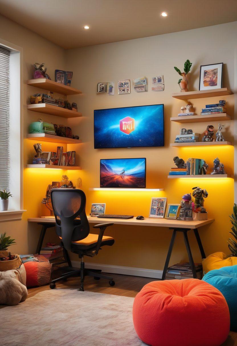 An inspiring workspace showcasing a modern gaming setup with dual monitors displaying a vibrant blog interface. Surround it with gaming paraphernalia like action figures, art supplies, and colorful posters. Incorporate a cozy corner with a bean bag and books on creativity, suggesting a community atmosphere. Soft glowing LED lights add a touch of excitement. super-realistic. vibrant colors. cozy lighting.