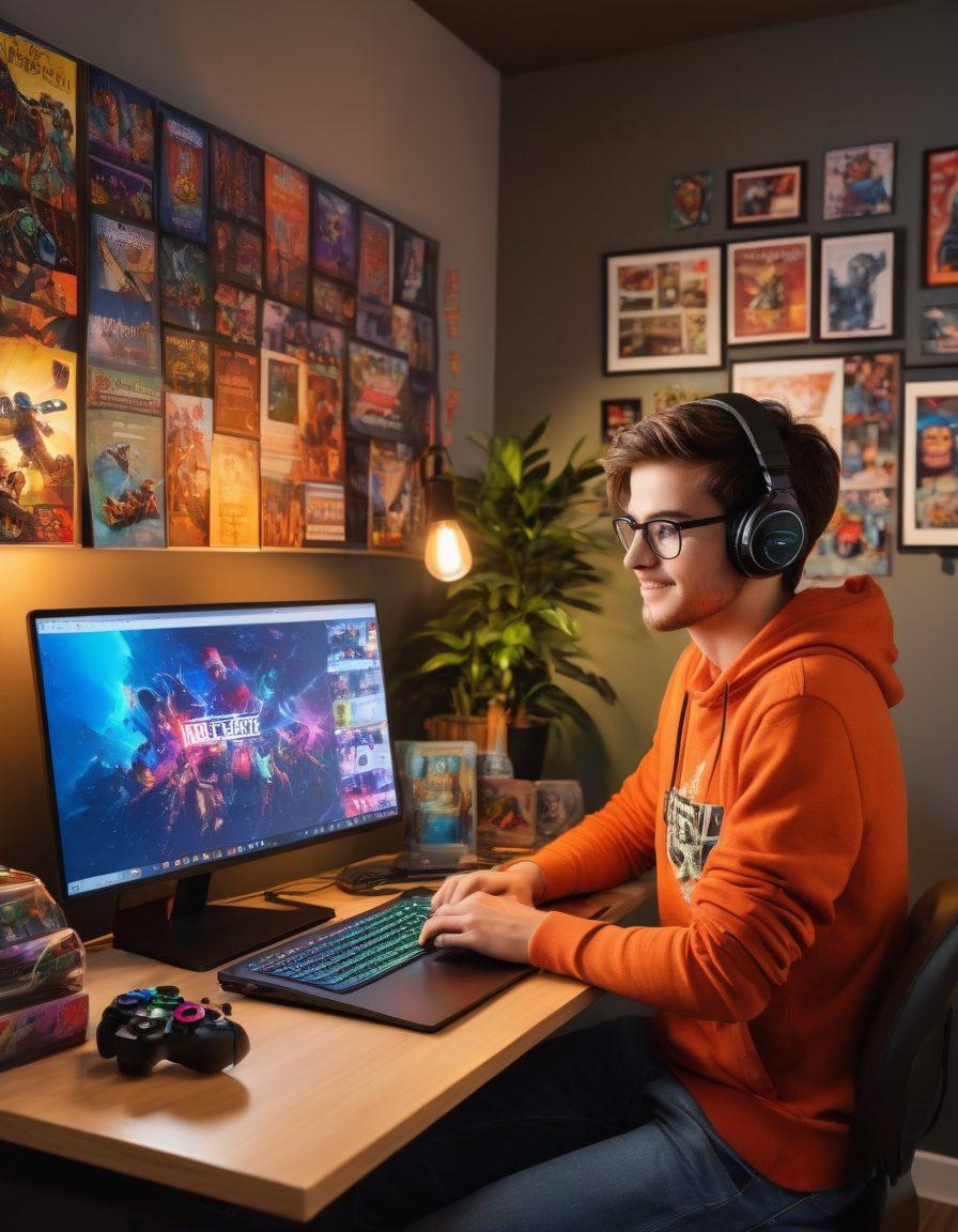 A vibrant workspace featuring a young adult enthusiastically typing on a laptop, surrounded by colorful gaming paraphernalia like controllers, posters, and action figures. The background shows a creative wall adorned with framed game art and inspirational quotes about gaming and blogging. A warm glow from the desk lamp adds a cozy yet energetic atmosphere. super-realistic. vibrant colors. 3D.
