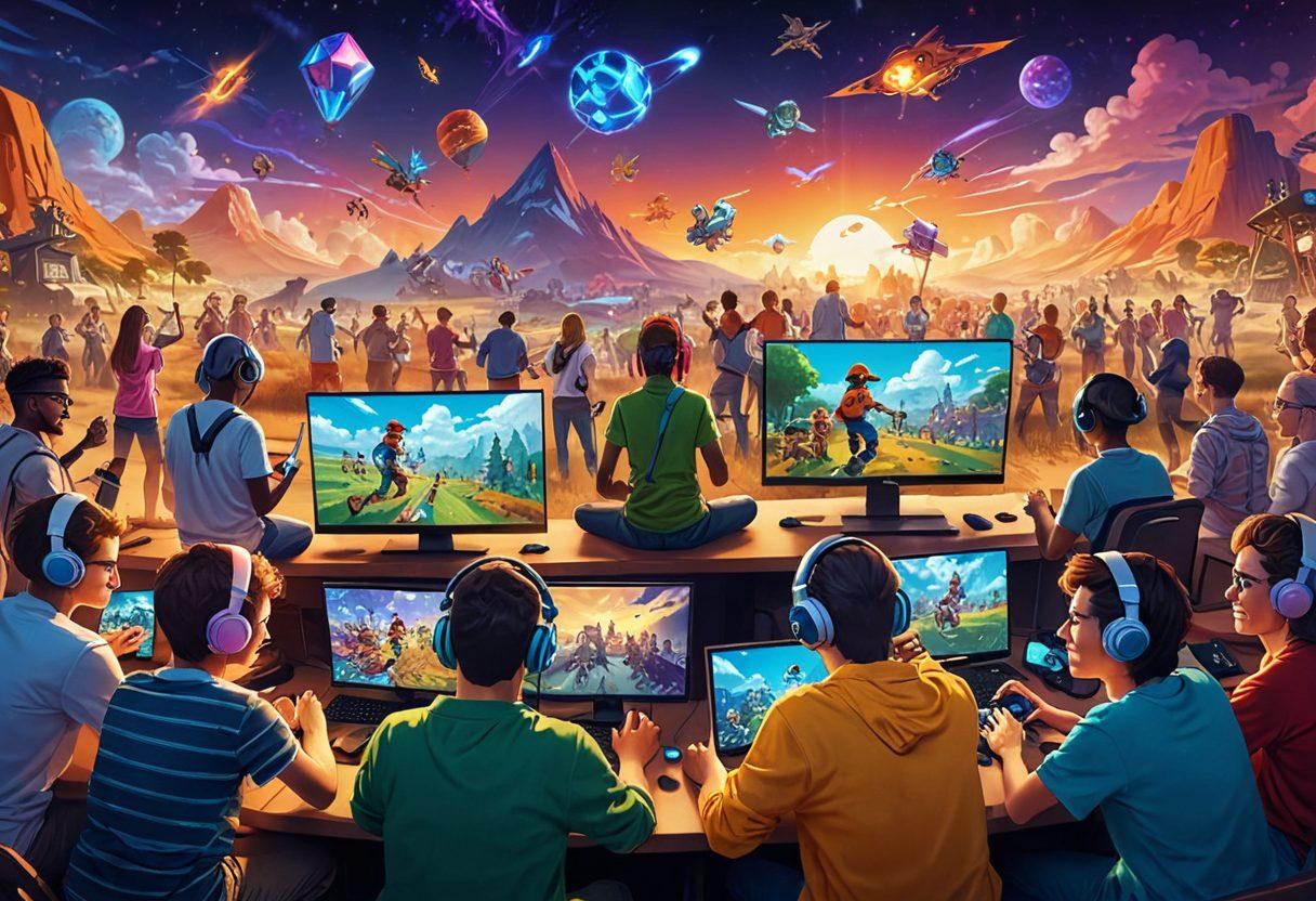 A vibrant scene depicting diverse gamers engaged in interactive play, showcasing multiple gaming platforms, with a backdrop of colorful game graphics and friendly avatars. Include elements of teamwork, virtual events, and online communication, with a warm atmosphere that promotes connection and community. Bright, engaging colors, and cartoonish style.